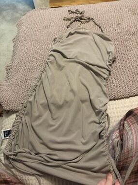 SHEIN Beige Ruched Halter Bodycon Dress